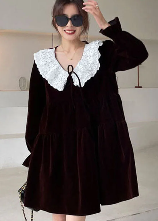 Chocolate Lace Peter Pan Collar Patchwork Velour Dress Winter Lace Cocktail Gown