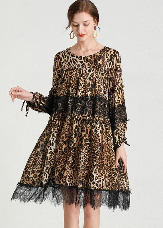 Fashion Leopard Patchwork Lace Fall Chiffon Dress Lace A-line Dress