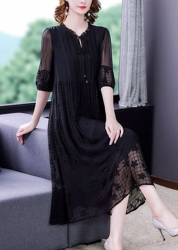 Italian Black Embroideried Lace Up Hollow Out Silk Dress Short Sleeve Lace Dress Chic