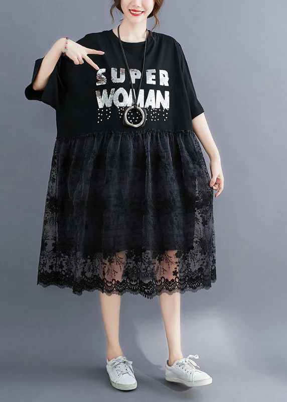 Fashion Black O-Neck Lace Patchwork Cotton Holiday Dress Half Sleeve Black Lace Dress