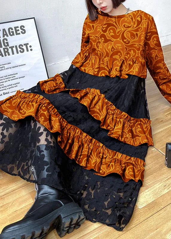 Bohemian orange Ruffles  Fall Lace Dresses Lace Dress Deep V