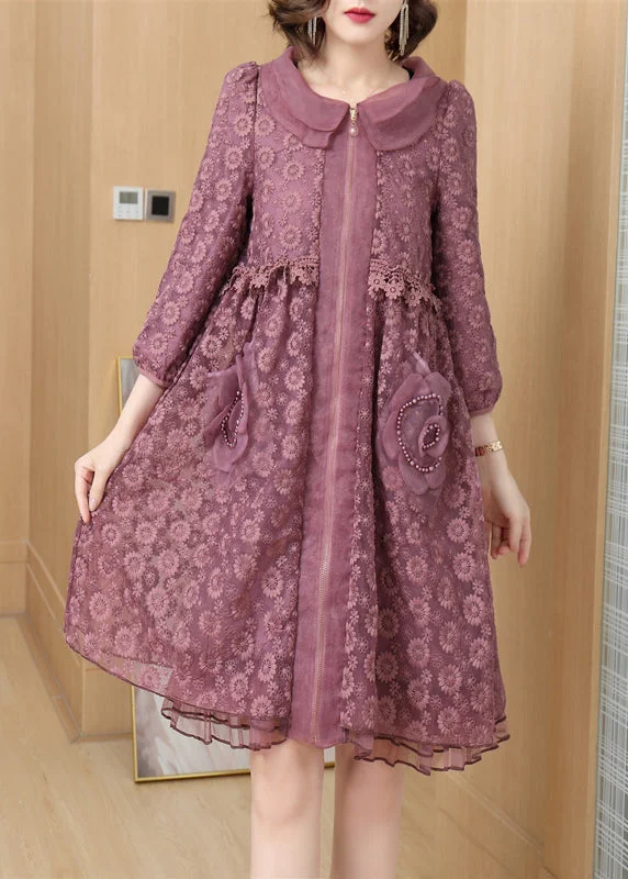 Italian Purple Peter Pan Collar Zip Up Patchwork Lace Dress Fall Satin Lace Dress