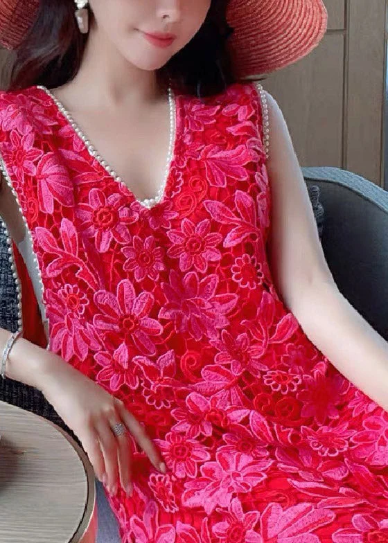 Natural Red V Neck Hollow Out Lace Long Dress Summer Elegant Lace Gown