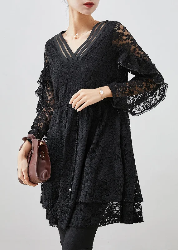 Black Silm Fit Lace A Line Dress Tie Waist Fall Lace Gown Style