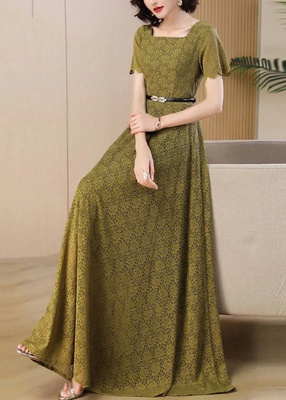 Novelty Ginger Square Collar Print High Waist Sashes Lace Maxi Dress Short Sleeve Lace Dress Sparkle