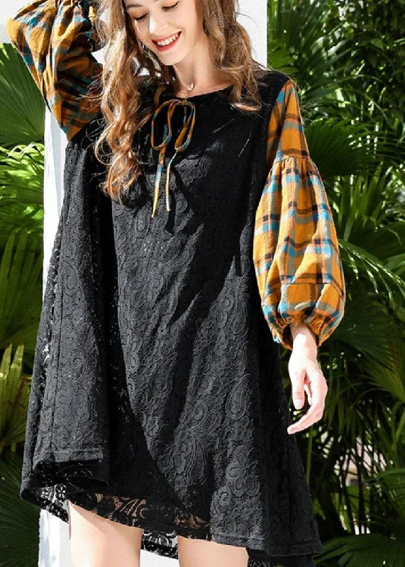 Stylish Black Patchwork Lantern Sleeve Lace Maxi Dress Summer Boho Lace Dress