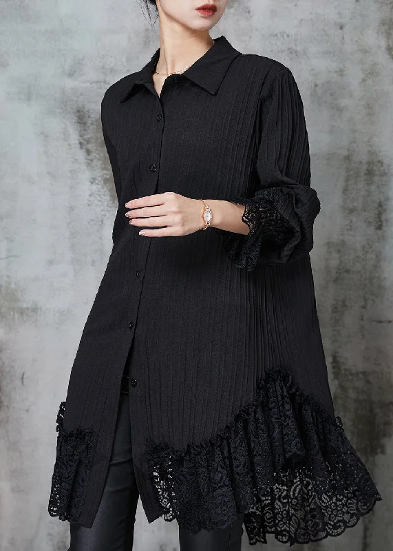 Simple Black Oversized Patchwork Lace Chiffon Dresses Spring Lace Dress Layers