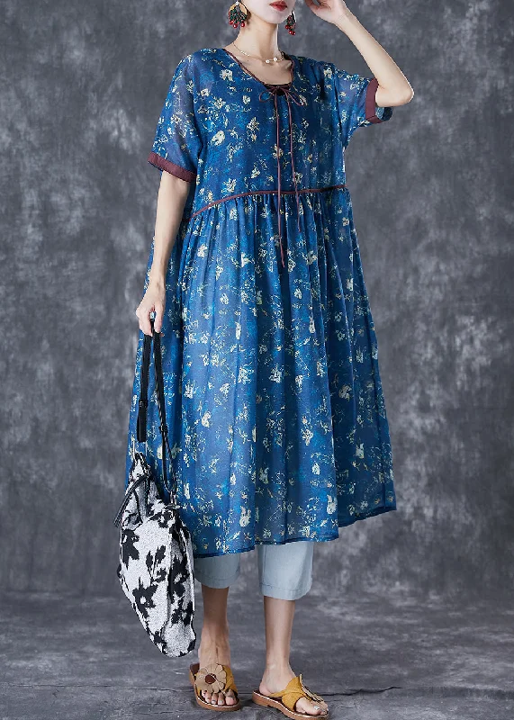 Women Navy Lace Up Tie Dye Linen Dresses Summer Lace Dress Trendy