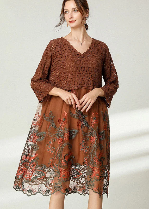 Chocolate Patchwork Lace Loose Dress Embroideried Spring Lace Maxi Dress