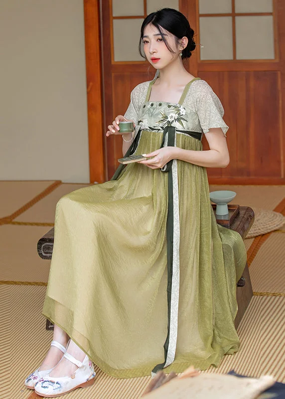 Chinese Style Green Embroideried Lace Up Patchwork Chiffon Dress Summer Lace Dress Glamorous