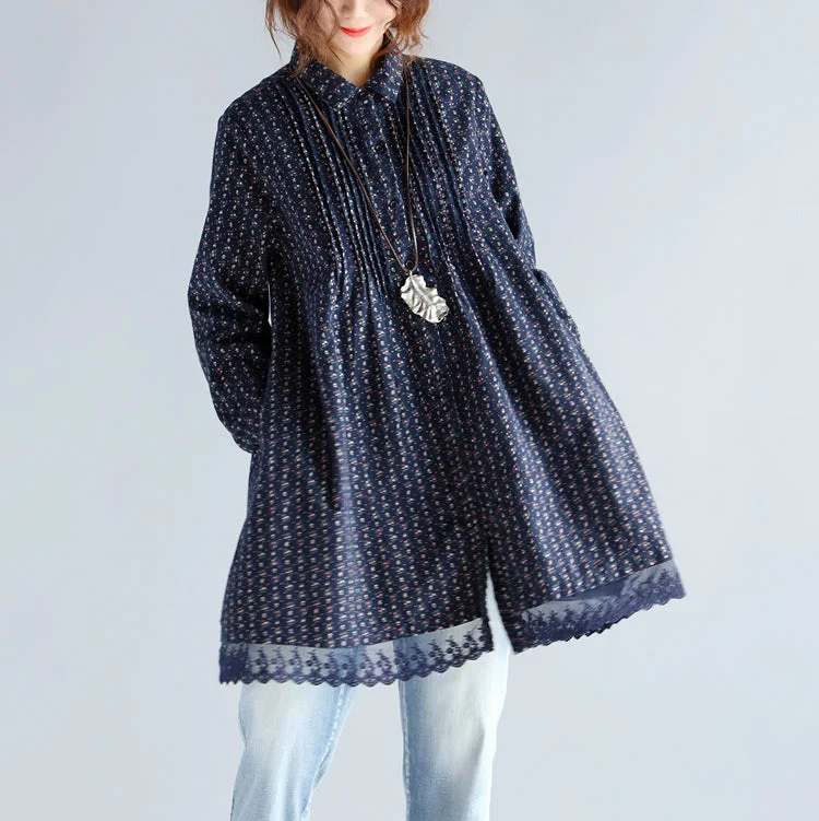 fashion navy print Midi cotton pullover oversize New long sleeve Cinched Turn-down Collar lace cotton blouses Lace Fit-and-Flare