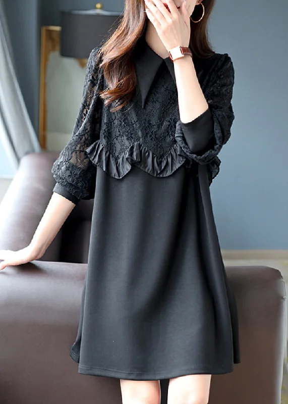 Art Black Peter Pan Collar Ruffled Lace Patchwork Mid Dress Top Fall Classic Lace Dress