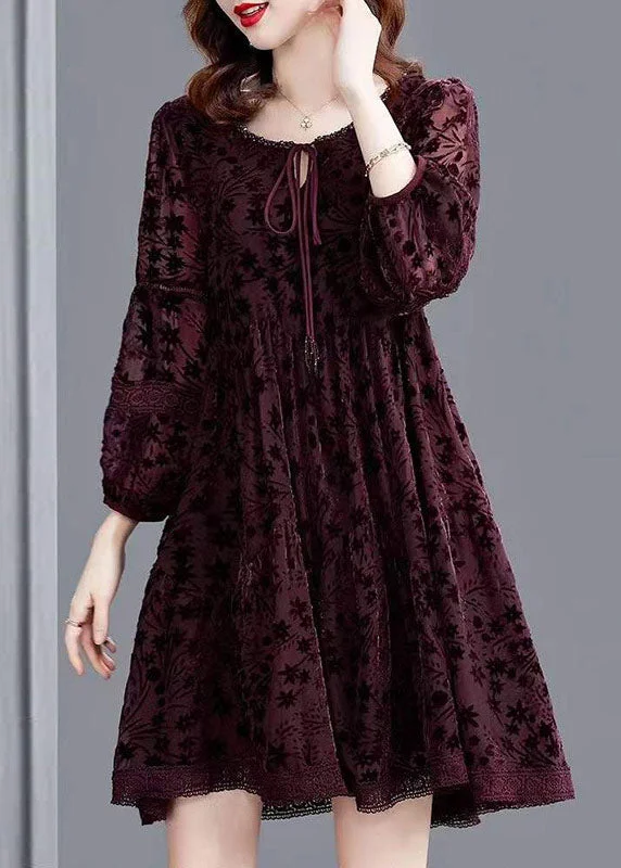 Mulberry Lace Patchwork Silk Velour Dress Spring Romantic Lace Dress