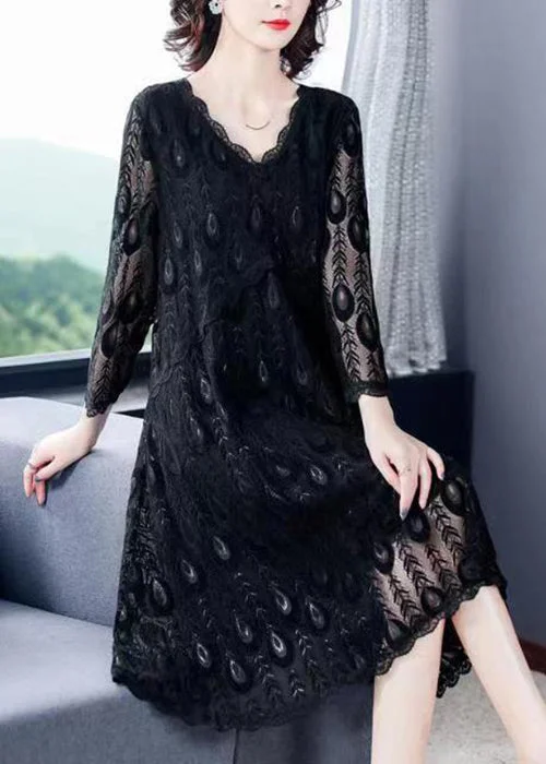 Classy Black Hollow Out Patchwork Lace Dress Bracelet Sleeve Lace Dress Shine