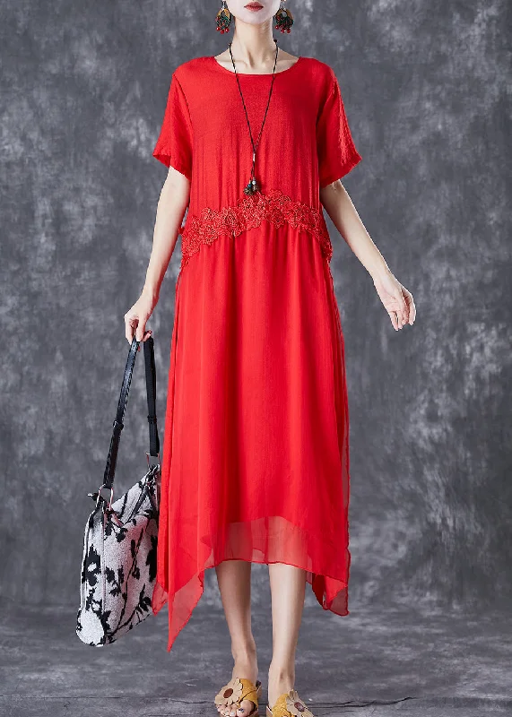 Natural Red Oversized Lace Patchwork Cotton Vacation Dresses Summer Lace Dress Flare