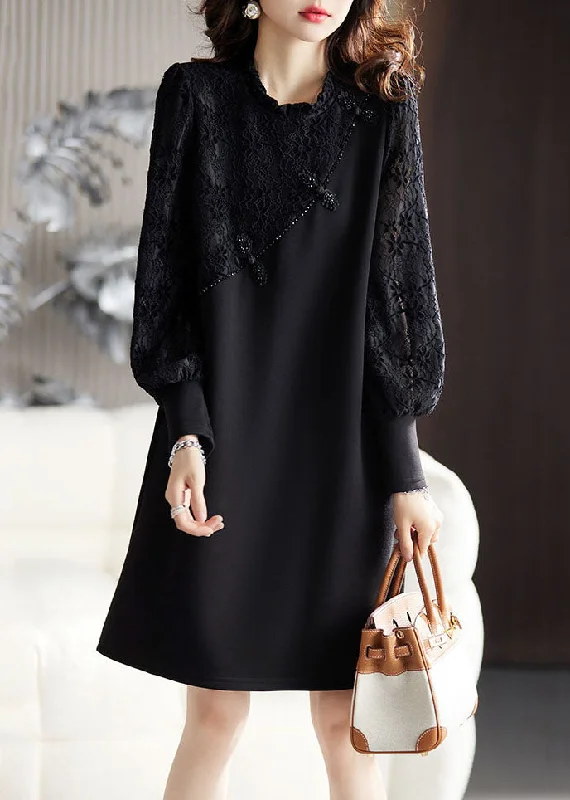 DIY Black Ruffled Lace Patchwork Mid Dresses Long Sleeve Lace Dress Perfect