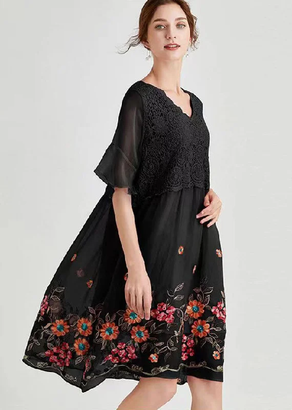 Modern Black V Neck Hollow Out Lace Dresses Spring Lace Midi Dress