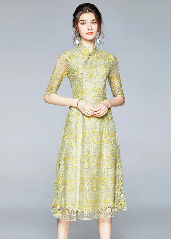 Chinese Style Yellow Stand Collar Button Patchwork Front Open Lace Dress Summer Lace Cocktail Dress