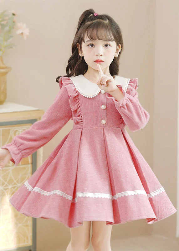 Pink Peter Pan Collar Ruffled Lace Patchwork Button Warm Fleece Kids Mid Dresses Long Sleeve Lace Wedding Dress