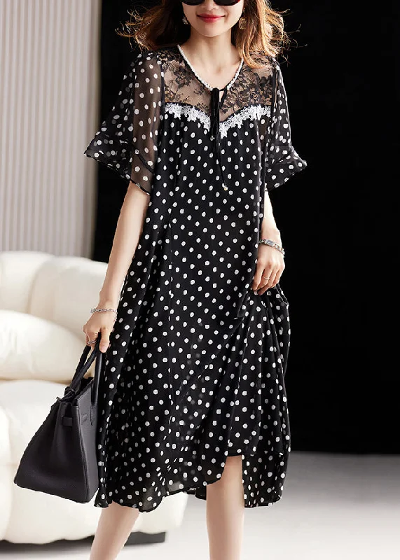 Unique Black Lace Up Print Lace Patchwork Chiffon Dress Summer Lace Dress Party