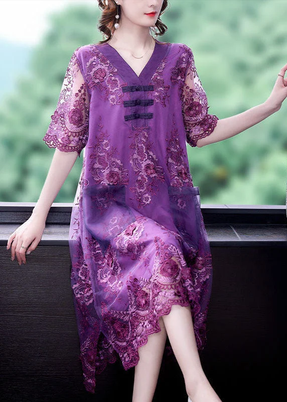 Simple Purple Embroideried Patchwork Lace Long Dresses Summer Tiered Lace Dress