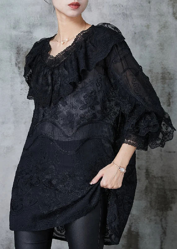 Black Lace Dress Embroidered Ruffles Spring Lace Gown Glam