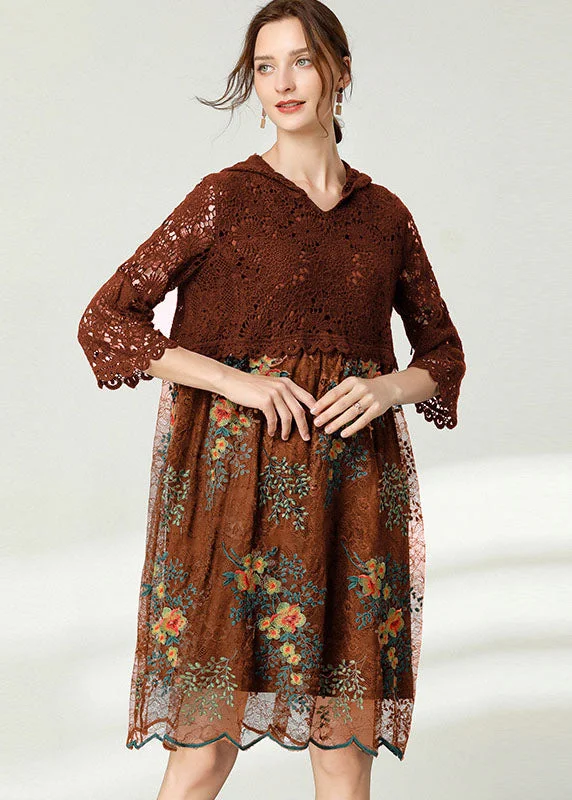 Chocolate Hollow Out Lace Dresses Embroideried Spring Lace Dress Casual