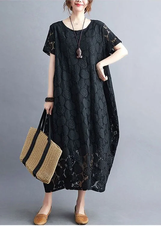 Black Lace A Line Dress O-Neck Hollow Out Summer Ruffled Lace Dress