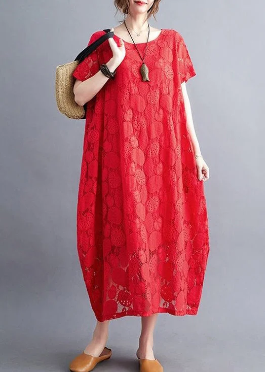 Diy Red Oversized Hollow Out Lace Long Dress Summer Lace Shift Dress