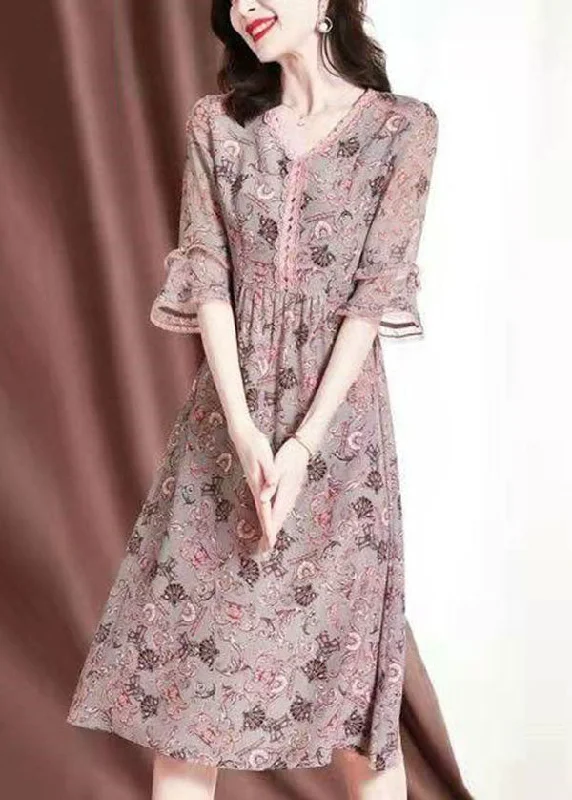 DIY Pink V Neck Lace Patchwork Print Chiffon Maxi Dresses Summer Long Sleeve Lace Dress