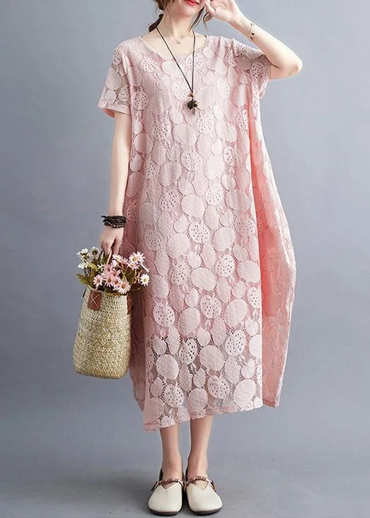 Fashion Pink O-Neck Embroideried Lace Dress Summer Simple Lace Dress