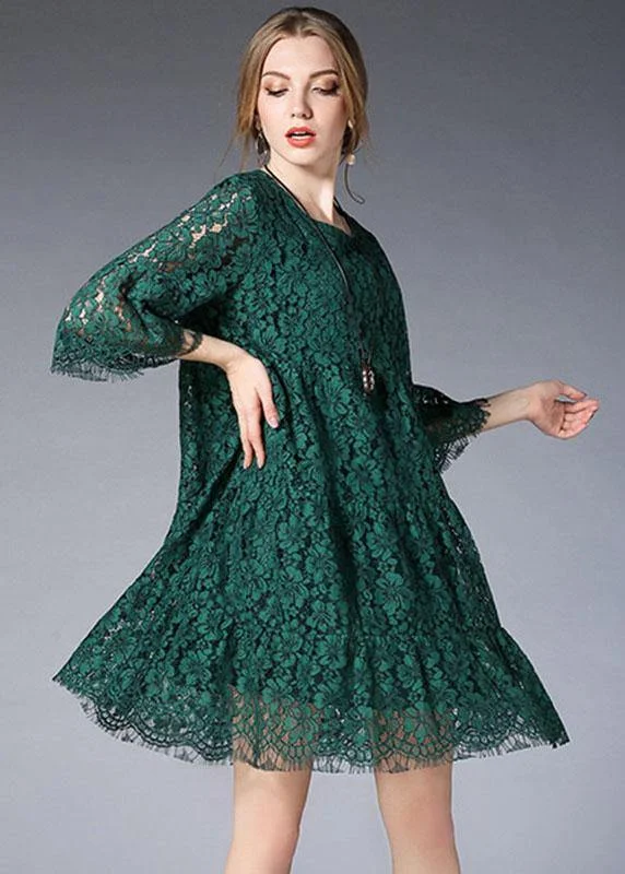 Beautiful Green O-Neck Lace Spring Vacation Dress Half Sleeve Sleeveless Lace Dress