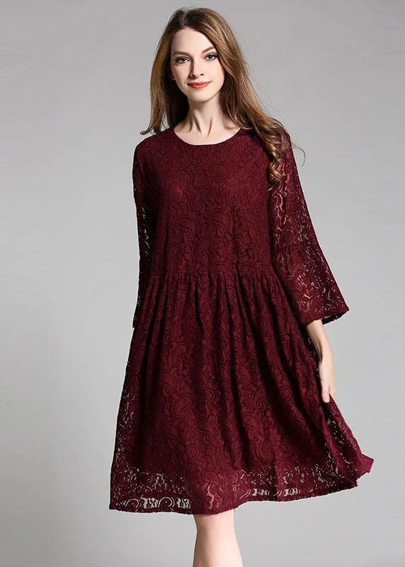 Loose Mulberry Lace Wrinkled Spring Long Dress Three Quarter Sleeve Lace Bodycon Dress