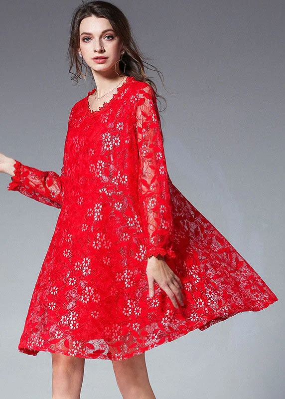 Handmade Red Patchwork O-Neck  Fall Lace Dress Lace Dress Trend