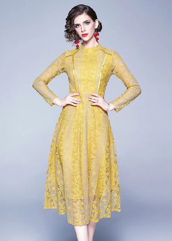 Slim Fit Yellow Stand Collar Hollow Out Patchwork Lace Long Dresses Fall Layered Lace Dress