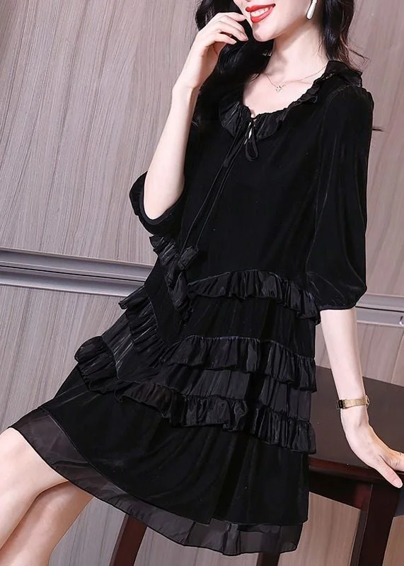 Italian Black Ruffled Lace Up Patchwork Velour Mid Dress Half Sleeve Off-the-shoulder Lace