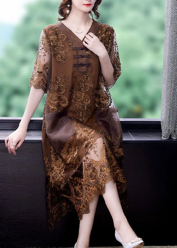 Chocolate Patchwork Lace Maxi Dresses V Neck Embroideried Summer Lace Dress Fashion