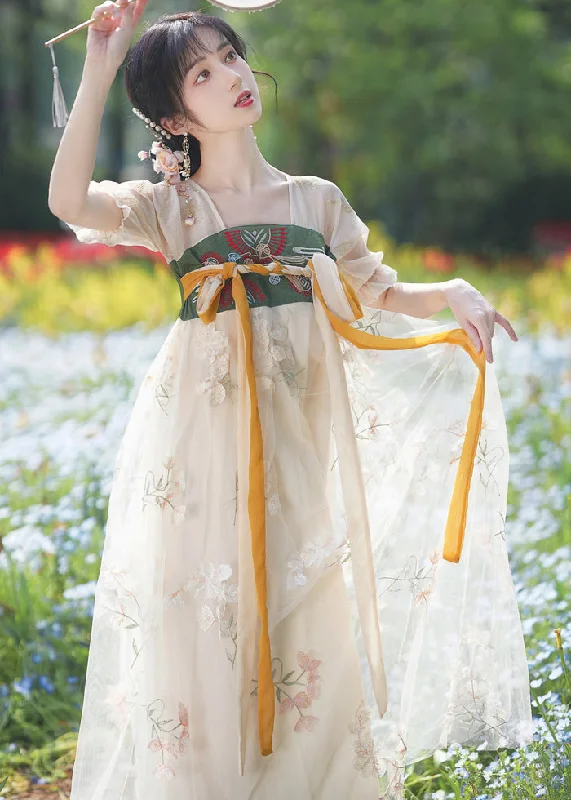 Chinese Style Embroideried Lace Up Patchwork Chiffon Long Dresses Summer Lace Evening Gown