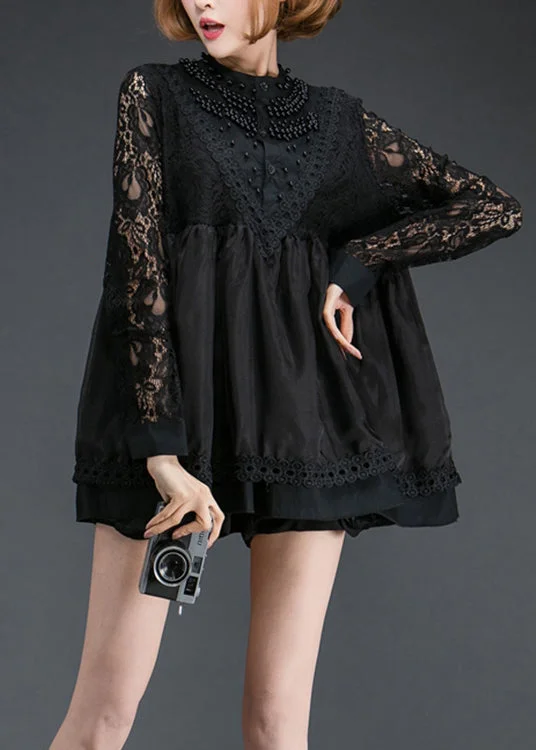 Organic Black Nail bead Patchwork Lace Shift Dress Spring Sexy Lace Gown