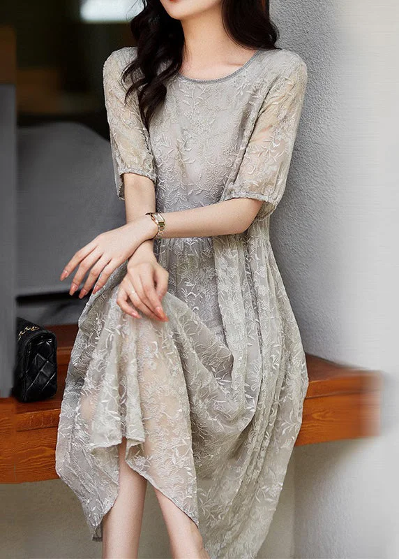 Women Grey Embroideried Wrinkled Patchwork Lace Dresses Summer Blue Lace Dress