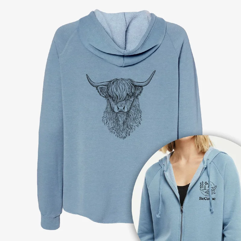 Scottish Highland Cow - Bos taurus taurus - Women's Cali Wave Zip-Up Sweatshirt Colorblock Hoodie Sweatshirt