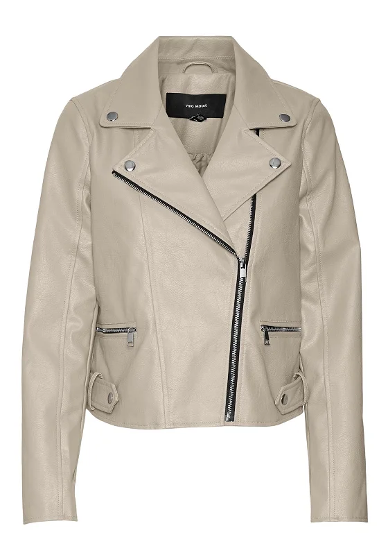 Vero Moda Nicole Leather Coated Biker Jacket, Oatmeal Women's winter puffer jackets