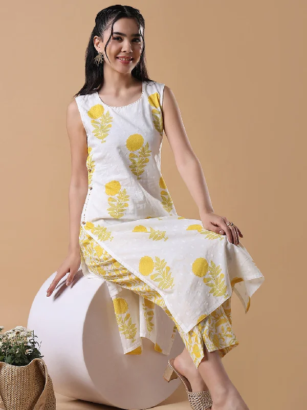 Women Floral Straight White Sleeveless Kurta Set