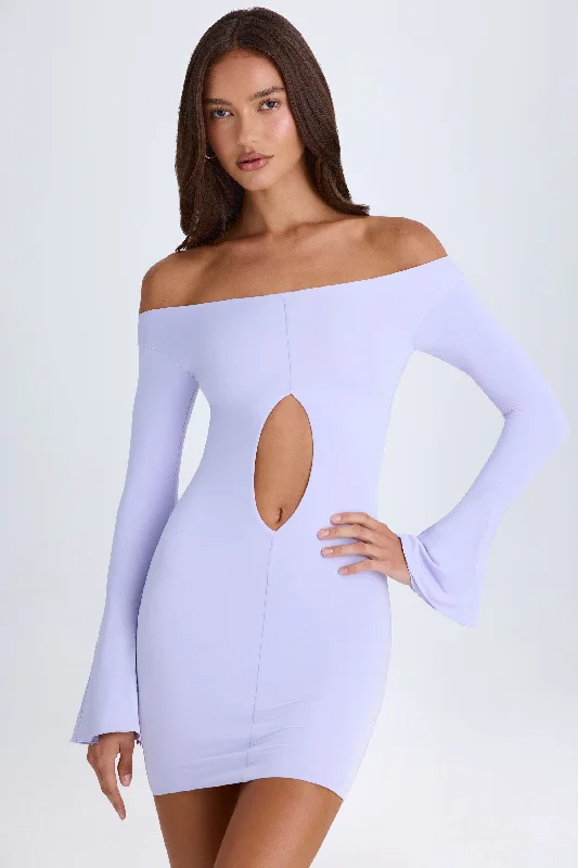 Off-Shoulder Cut-Out Mini Dress in Soft Lilac Leather mini dresses