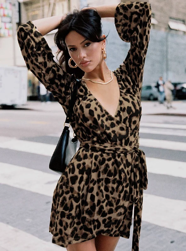 Raquela Wrap Mini Dress Leopard Comfortable mini dresses for everyday wear