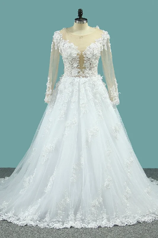 Gorgeous Wedding Dresses A-Line Scoop Long Sleeves Tulle With Applique Chapel Train A-line Wedding Gown