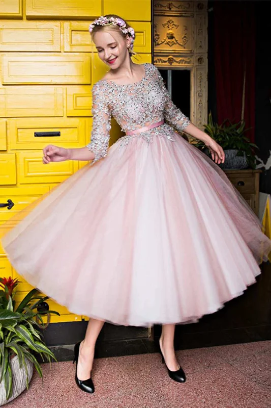 3-4 Lace Sleeve Scoop Neck Tea Length Tulle Homecoming Prom Evening Dress-333694 Full Skirt Wedding