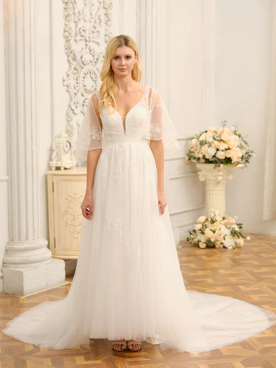 A-Line/Princess V-Neck Half Sleeves Long Wedding Dresses With Appliques Floral Bridal Gown