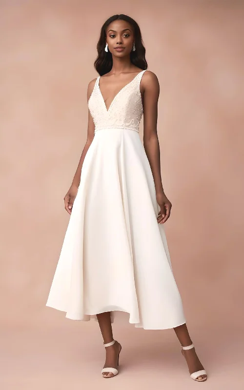 A-Line Sleeveless Chiffon Wedding Dress 2023 V-neck Beach Country Garden Court Tea-length Vintage Sexy Casual Romantic Wedding Dress