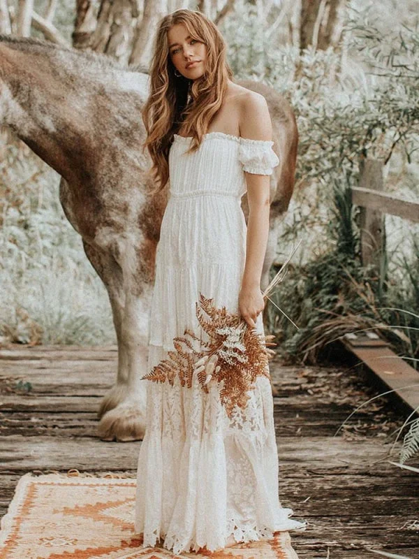 Boho Wedding Dress 2021 Lace Off The Shoulder A Line Floor Length Lace Bridal Gown Floral Lace Wedding